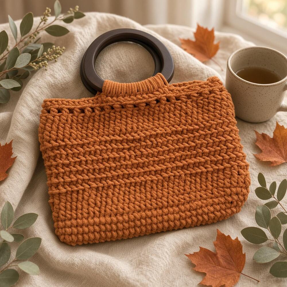 Handmade Rust Orange Chenille Crochet Tote